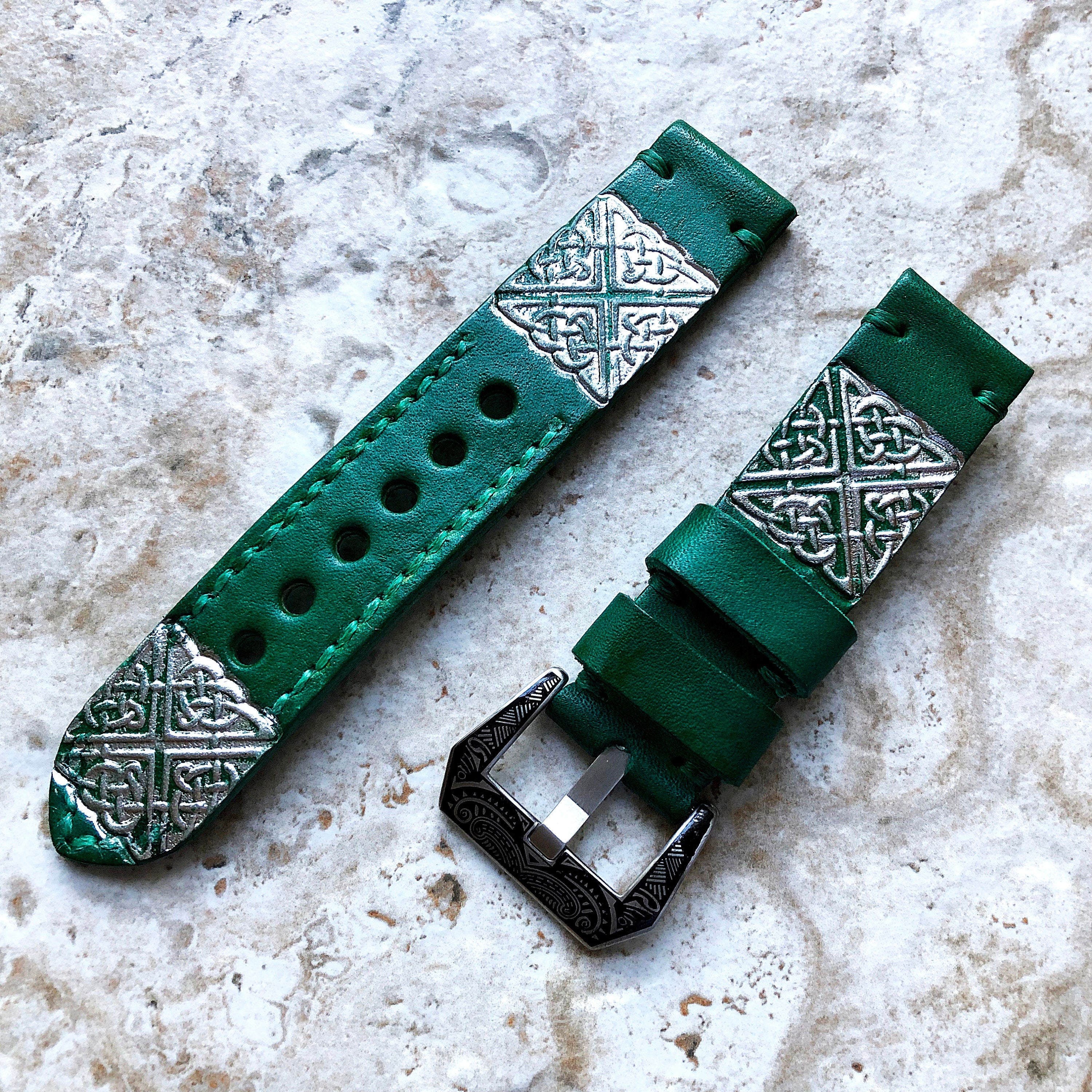 Celtic Symbol Sq Band 22mm 24mm 25mm Compatible with Apple Watch Fitbit Versa 2 3 4 Sense 2 Ionic Accented Embossed Leather Handmade Strap